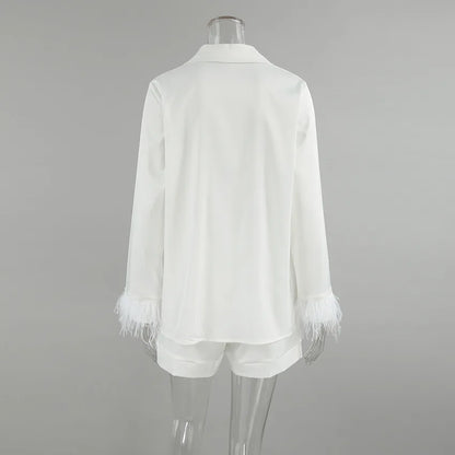 Mozuleva Women's Long Sleeved Lace Up Casual Shirt Pajamas Set Feather Sleeves Shorts Home Clothing Autumn Fashion 2-piece Set