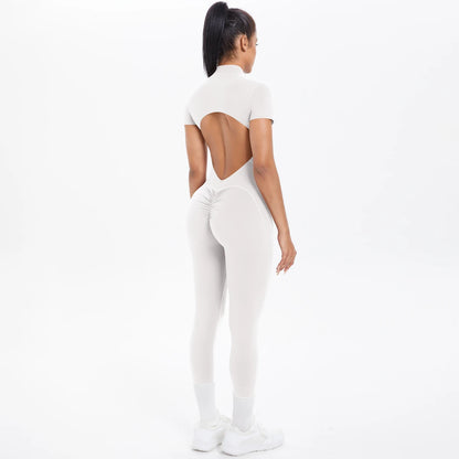 Short Sleeved Fitness Jumpsuit for Woman Bodysuits Backless Solid Color Scrunch One-Piece Suit Half Zipper Gym Yoga Sets Womens