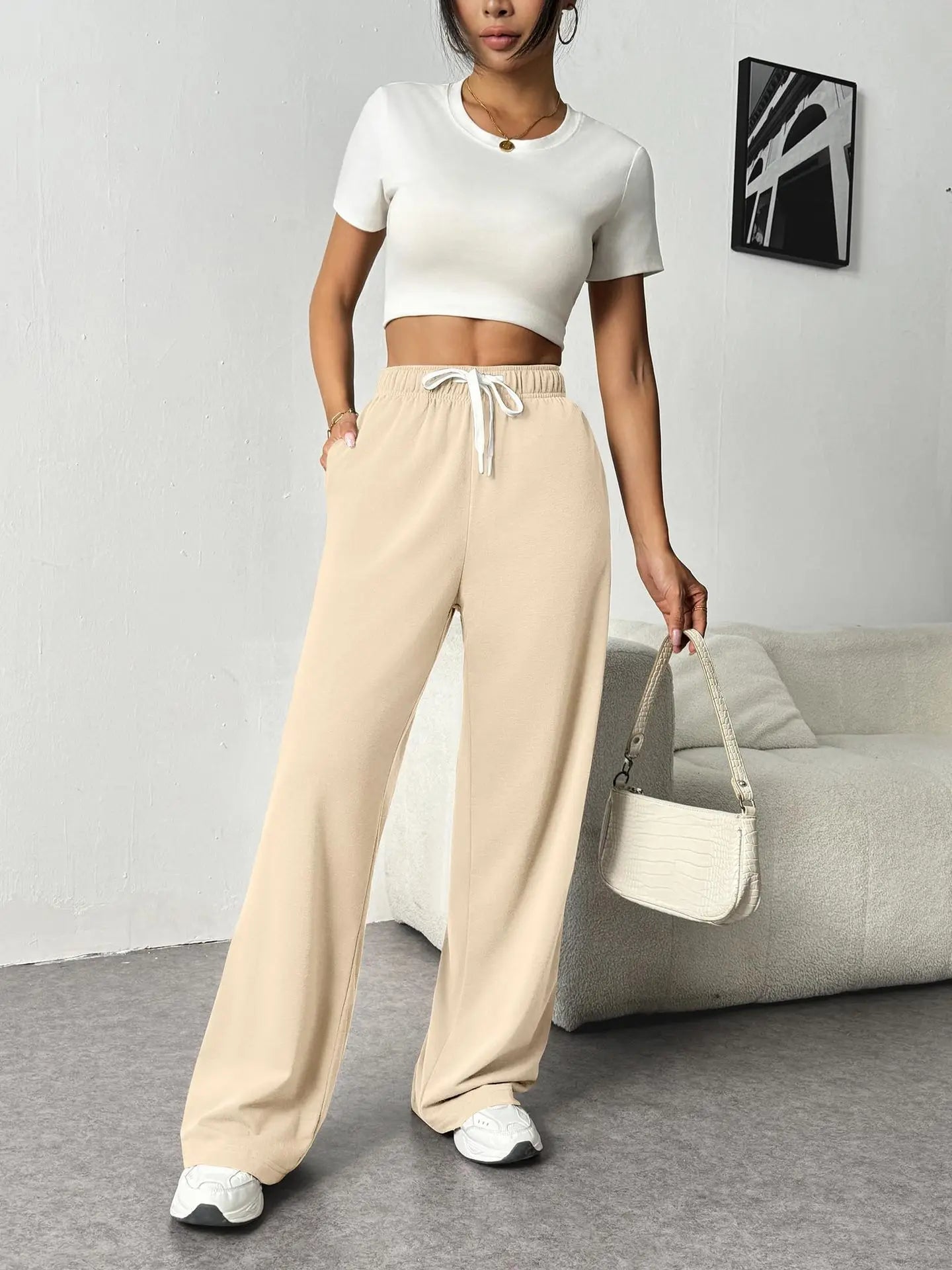 Casual Wide Leg Sports Pants for Women Casual Straight Leg Loose Solid Color Elastic Drawstring High Waisted Wide Leg Pants