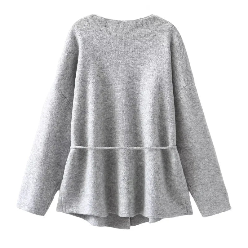 Women Solid Color Lace-up Knitted Sweater Jacket Female Cardigan with Belt Autumn and Winter Woolen Simple Cardigan Sweater