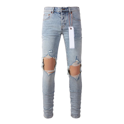 Men's American High Street Fashion Distressed Washed Classical Blue Damaged Holes Stretch Skinny Button Fly Jeans Pants 9010 CHINA