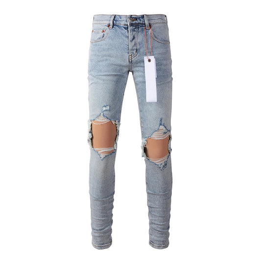 Men's American High Street Fashion Distressed Washed Classical Blue Damaged Holes Stretch Skinny Button Fly Jeans Pants 9010 CHINA