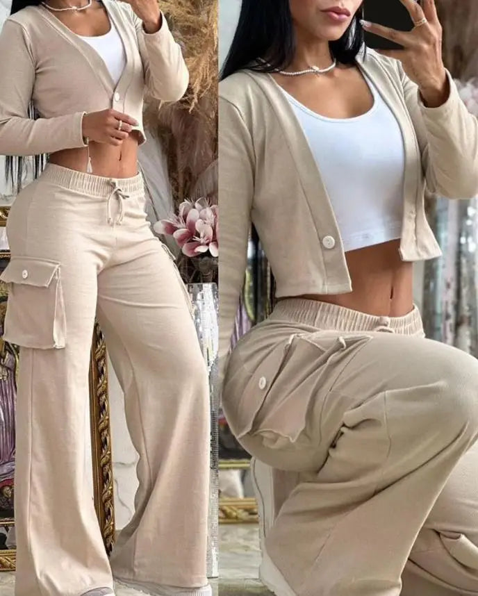 Women's Spring Summer New Fashionable Solid Color Printed Sexy Waist Short Top Casual Pants Set For Women khaki