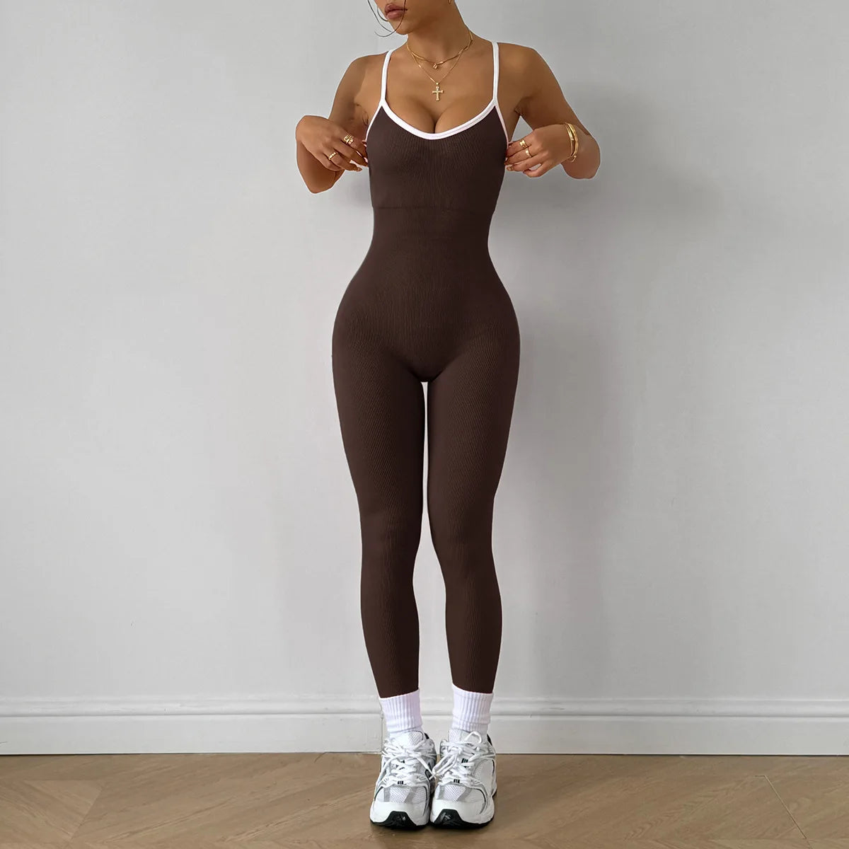 Color Blocking Straps Sports Yoga Jumpsuit Sleeveless Quick Drying Thread Tight Fitting Fitness One-Piece Yoga Suit Luxury Brand Brown