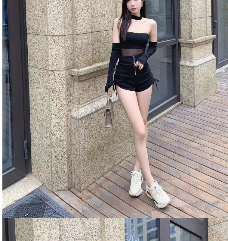 High Waist Shirring Black Bodycon Shorts Female Summer All-match Pleated Elasticity Elastic Waist Straight Women Slim Trousers