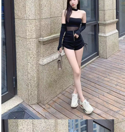 High Waist Shirring Black Bodycon Shorts Female Summer All-match Pleated Elasticity Elastic Waist Straight Women Slim Trousers