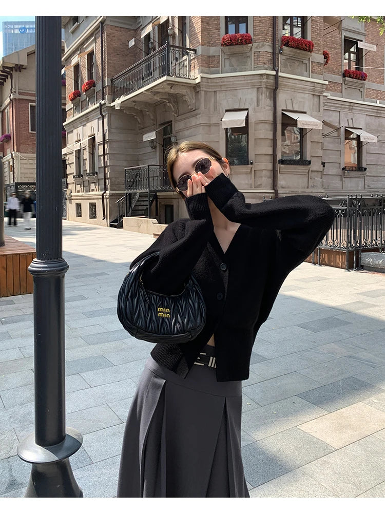 AOSSVIAO Knitted Casual Cardigan 2025 Autumn Winter Elegance Solid Color V-neck Sweater Unique and Niche Slim Fit Tops Badiee Stylez