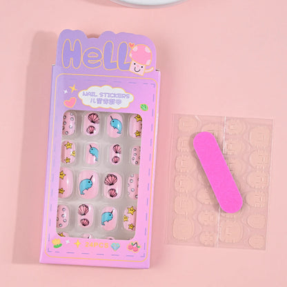 24Pcs Children Cartoon Nail Tips Colorful Cute Rabbit Pink Stars 6-14 Years old Girl Fake Nail With Jelly Glue Kids False Nail TC0046-2