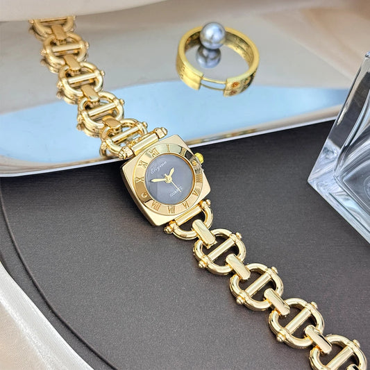 High-End Women's Skeleton Design Watch Square Roman Hour Markers Light Luxury Fashion Cross-Border Best-Seller Ladies Watch