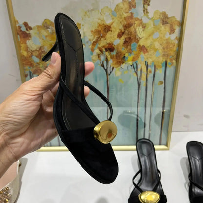 Shoes Woman 2025 Summer New Black Metal Decorative Women's Sandals Outerwear Fashion Open Toe Thin Heels Slippers