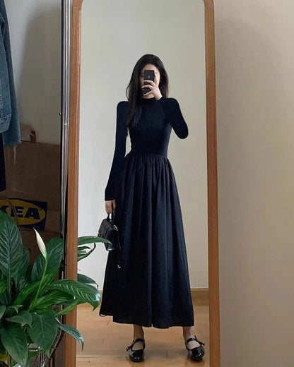 Lucyever French Style Black A-Line Dresses Women Elegant High Waist Long Sleeve Midi Dress Autumn Winter Slim Fit Maxi Dress Badiee Stylez