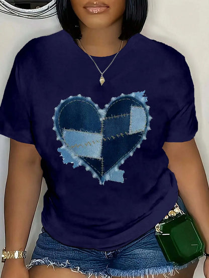 Plus Size Denim Heart Patchwork Tee Fashionable Plus Size Top With Unique Stitched Heart Design For Trendy Chic Looks Blue
