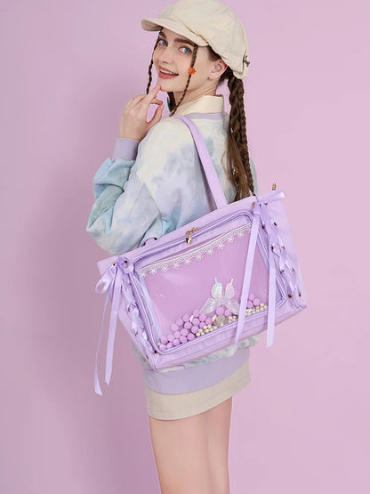 Japanese Large Capacity Satin Ribbon Ita Bag Sweet Girl Anime Transparent Tote Bag Lolita Shoulder Bags Clear Pvc Handbags