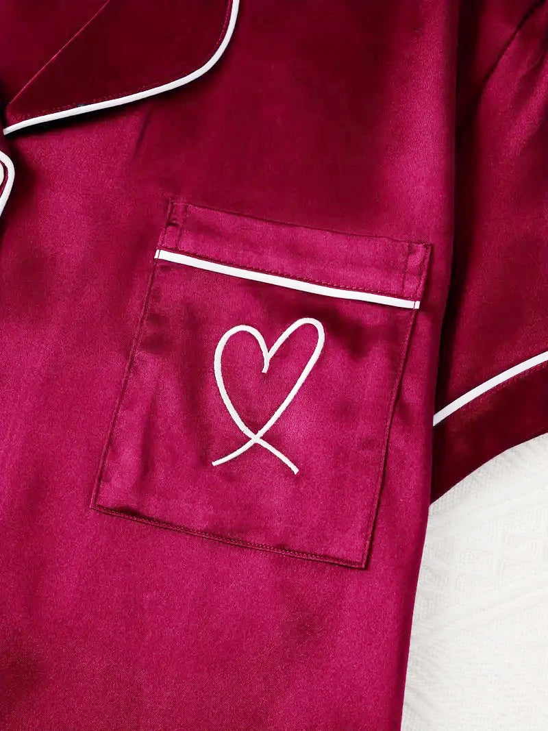 Women's Pajamas Lounge Set Heart Embroidered Pocket Patched Sleepwear Button Down Short Sleeve Top & Shorts Pyjama Home Clothing