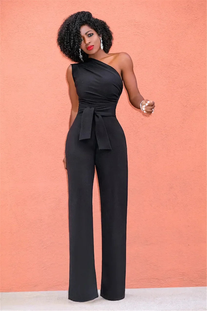 Women's Jumpsuit Solid Skew Collar Crop Top Straight Pants Belt Sexy Sleeveless Loose Pants Elegant Charming Playsuits 2024 Badiee Stylez