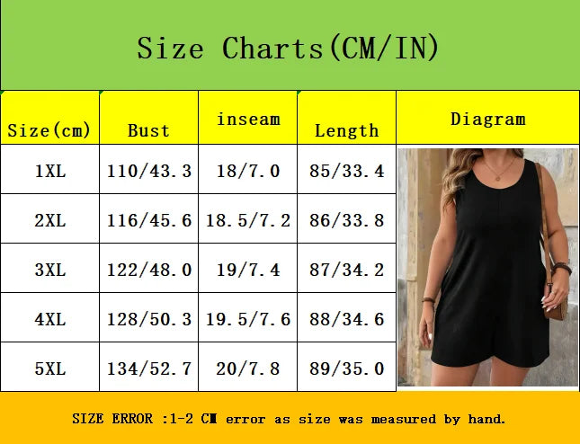 Chic Plus Size Solid Vest Romper - Round Neck Jumpsuit with Pockets, Elegant Casual Summer Outfit for Women