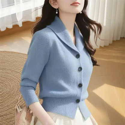 2025 New Spring Autumn Turndown Collar High End Women Knitt Cardigan Sweater Fashion Korean Version Female Knitwear Tops Jacket Blue