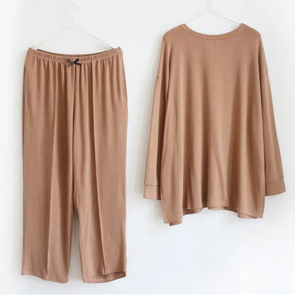 150KG Extra Large Size Loose Pajamas Women Solid Long-sleeved V-neck Two-piece Set Spring Casual Loungewear Can Be Worn Outside