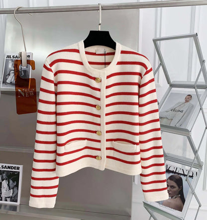 Stripe Knitted Cardigan Women Spring Autumn O-neck Single Breasted Long Sleeve Crop Tops Fashion Casual Chic Female Sweaters Badiee Stylez