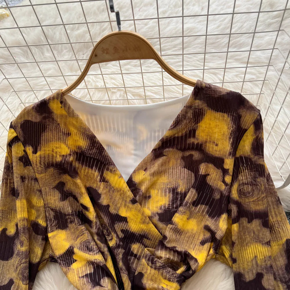 Chic vintage long sleeve Criss-Cross print pleated Elegant Fairy korean fashion dress women clothing Long dress