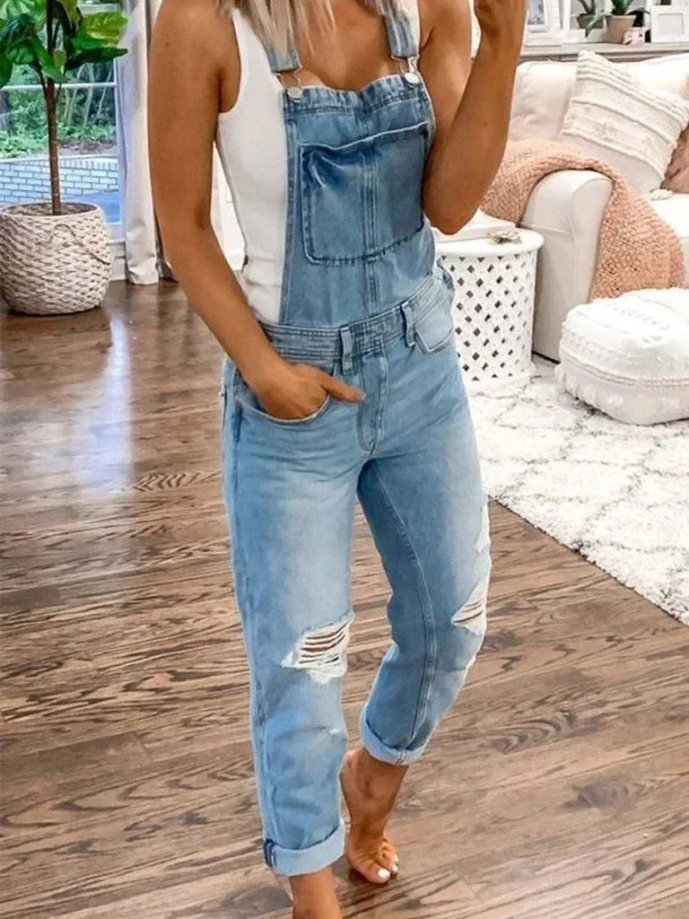 Lugentolo Women Overalls New Sport Jeans Fashion Ripped Denim Female Large Size Mid-rise Straight-leg Trousers Do Old 5XL Light Blue