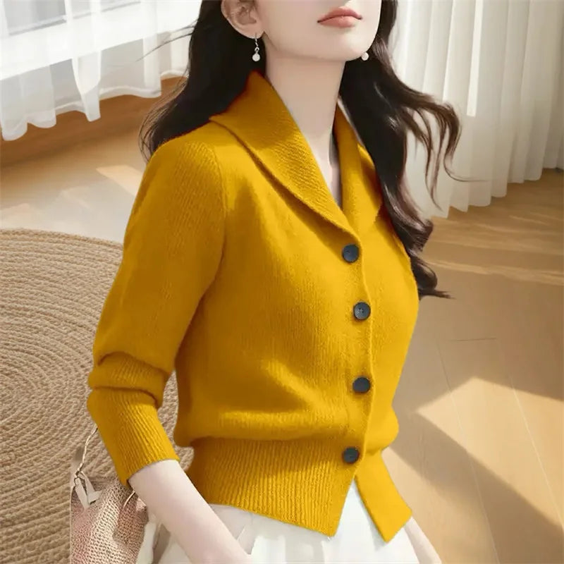 2025 New Spring Autumn Turndown Collar High End Women Knitt Cardigan Sweater Fashion Korean Version Female Knitwear Tops Jacket Yellow