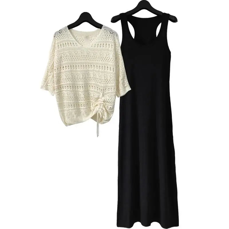 Hook Flower Hollow V-Neck Knitted Short Sleeve Pullover Sweater Loose Black Modal Sleeveless Vest Dress Sets Two Piece Set 2024 Beige One Size