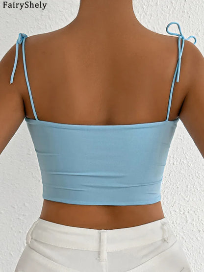 Fairyshely Sexy Female Summer Tied Strap Top 2025 Women Lace Sleeveless Bodycon Short Vest Lady Blue Off Shoulder Clud Crop Tops