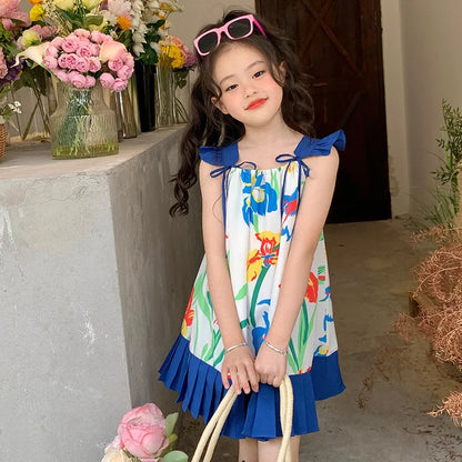 Girl Suspender Fluffy Dress Korean Style Summer Kids Flowers Printing Beach Princess Skirt Girls Breathable Knee-Length Dress L