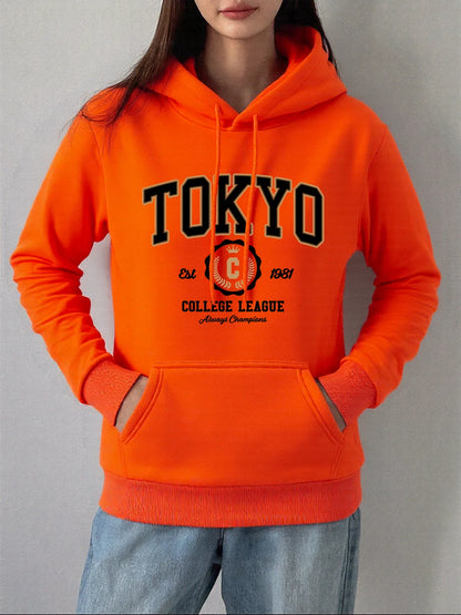 Tokyo College League Prints Hoodie Women Winter Fleece Warm Pullover Basics Pocket Sweatshirt Casual Comfortable Womans Clothes