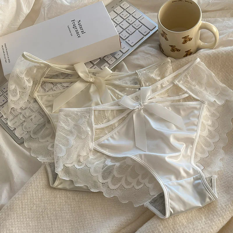 5Pcs Silk underwear, Women's intimate sexy lovely soft ﻿comfortable bowknot silk light thin triangular pants lace splicing