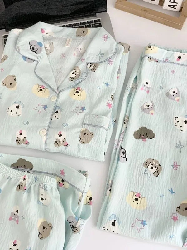 Summer Cloud Cotton Spwear Set Women's ort Sve Long Pants Home Clothes Cartoon Print Comfortable Breathable Nightgown