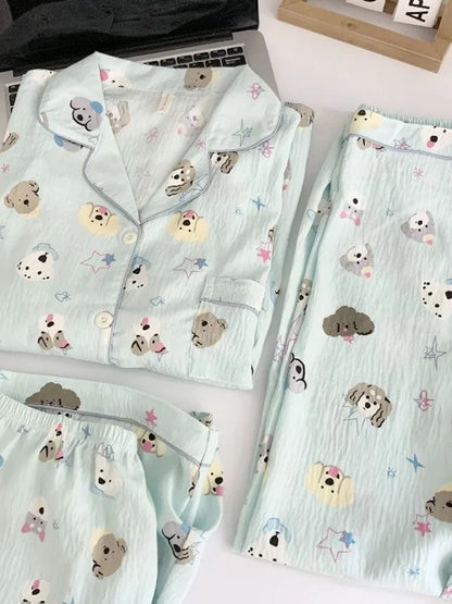 Summer Cloud Cotton Spwear Set Women's ort Sve Long Pants Home Clothes Cartoon Print Comfortable Breathable Nightgown