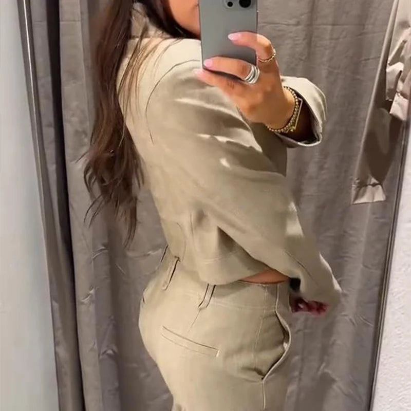 Fashion Short Jackets Pants Sets Women Lapel Zipper Long Sleeve Coats Pleated Straight Pant 2025 Spring Summer Lady Office Suits