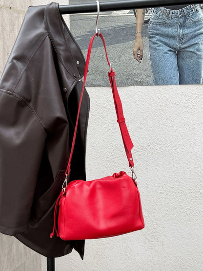 Ladies' New Premium Full-Grain Wrinkled Leather Crossbody Bag - Women's Chic Shoulder Commuter Bag with Organizer Pockets red 28 x 10 x 19 cm