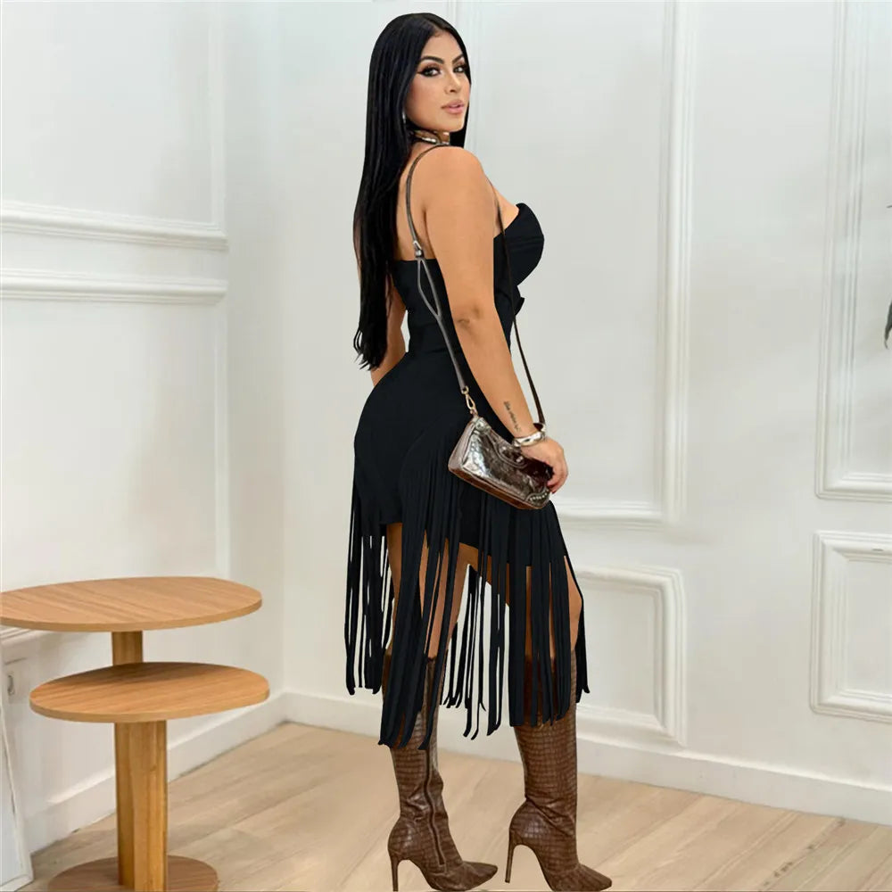 RLMABABY Sexy Strapless Tassel Bodycon Mini Dress Women Gown Slim Backless Sleeveless Metal Buckle Club Party Sheath Short Dress