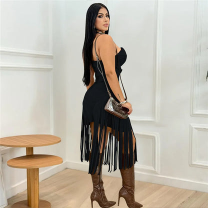 RLMABABY Sexy Strapless Tassel Bodycon Mini Dress Women Gown Slim Backless Sleeveless Metal Buckle Club Party Sheath Short Dress