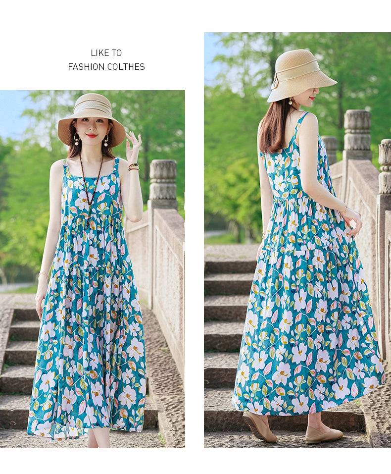 New Fashion Casual 2025 Summer Elegant Dresses For Women O-Neck Print Vintage Sleeveless Dress Loose Women Clothing