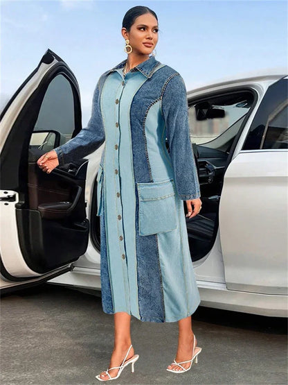 Wmstar Plus Size Denim Dresses Women Long Sleeve Casual Button Pockets Striped Maxi Dress Fall Clothes Wholesale Dropshipping