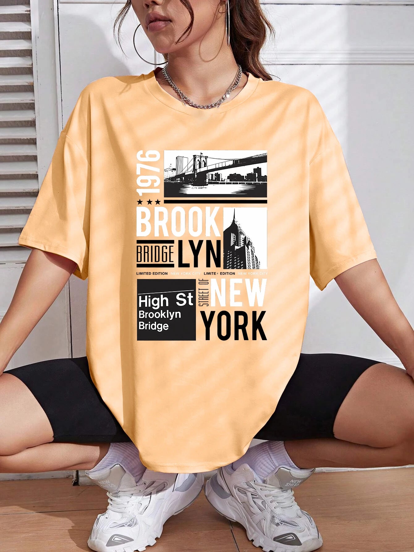 New York Brooklyn 1976 Printing Women T-Shirt Creativity Casual Tee Shirts Street Hip Hop Short Sleeve Basic All-Match Tshirts Sun Orange