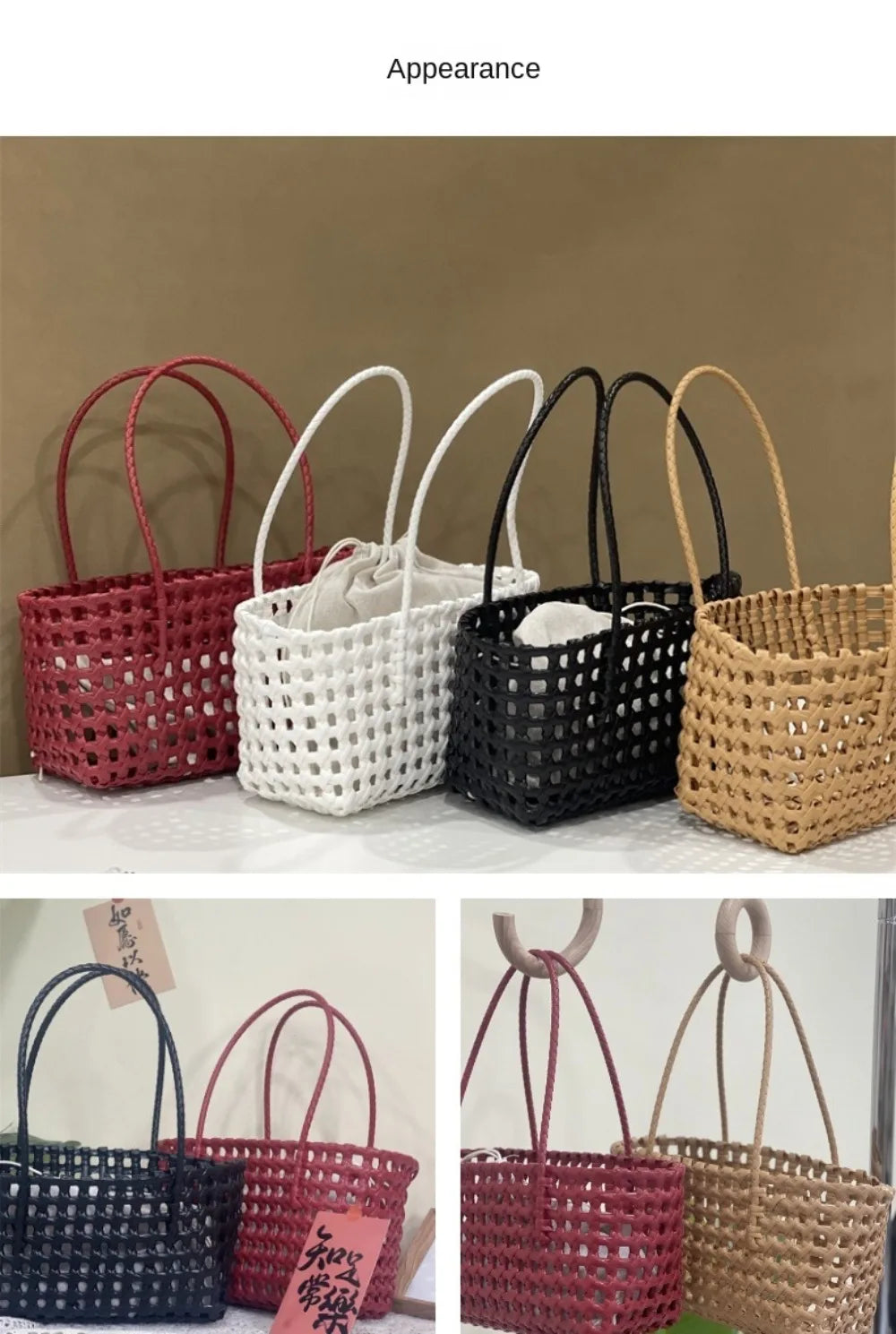Plastic Hollow Weave Bag Countryside Style Bohemian Style Beach Tote Bag Large Capacity Bucket Bag Vegetable Basket Bag