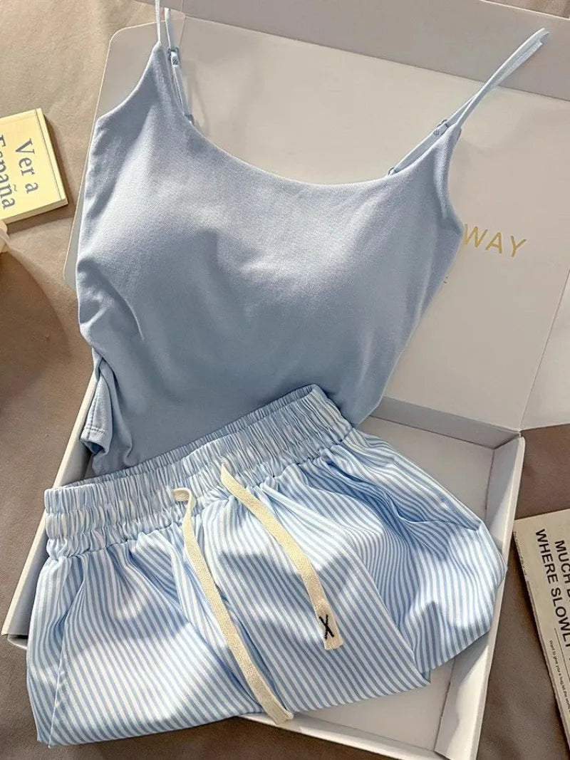 Striped Sleepwear Women Pajama Sets Spaghetti Strap Piiama Shorts Sets 2 Pieces Korean Night Wears Summer Cute Home Suit 2025
