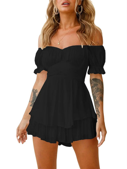 Women s Boho Off Shoulder Romper Double Layer Ruffle Hem Lantern Long Sleeve Waist Tie Back Chiffon Short Jumpsuits