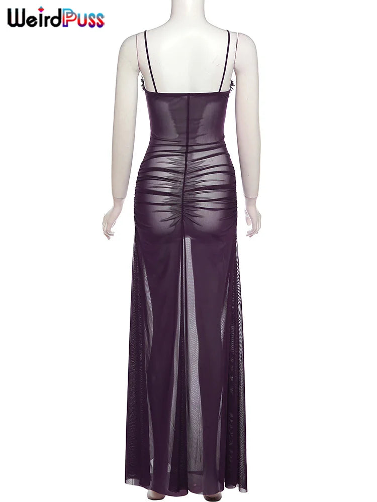 Weird Puss Side Split Women Dress Spaghetti Strap Halter Neck Edible Tree Fungus Hollow Out Sexy Evening Party Ladies Vestido