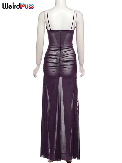 Weird Puss Side Split Women Dress Spaghetti Strap Halter Neck Edible Tree Fungus Hollow Out Sexy Evening Party Ladies Vestido