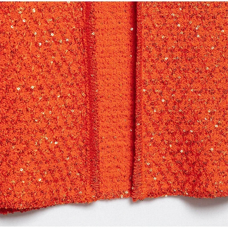 Elegant Sequined Orange Cardigans Women Y2k O-neck Short Sleeve One Button Female Tops 2025 Street Summer Lady Chic Knitwear