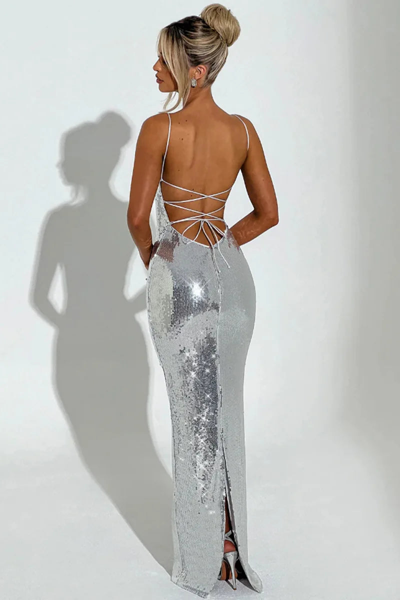 Sexy Sequin Backless Bandage Long Dress Women's Shiny Sleeveless Luxury Silver Dresses Evening Prom Party Birthday Gold Cocktail