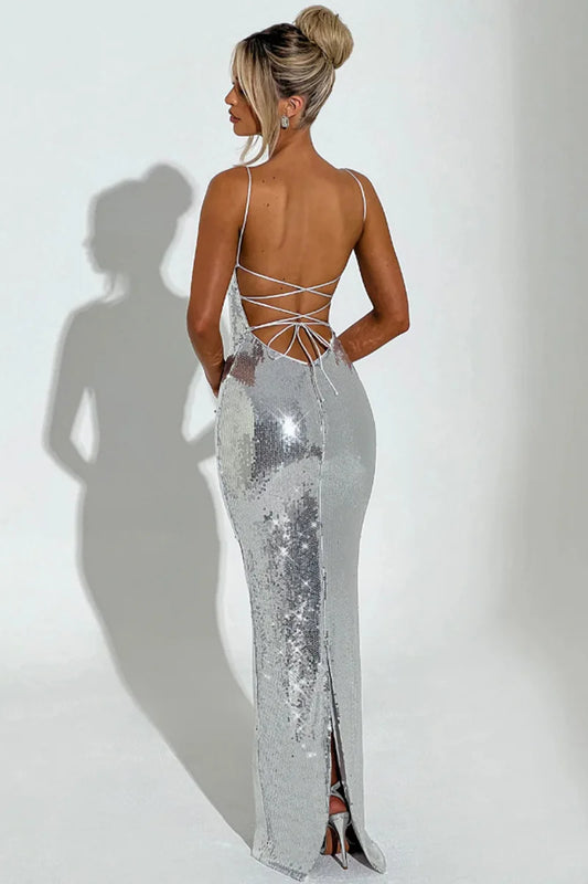 Sexy Sequin Backless Bandage Long Dress Women's Shiny Sleeveless Luxury Silver Dresses Evening Prom Party Birthday Gold Cocktail