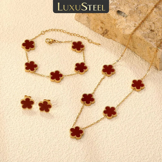 LUXUSTEEL Pendant Earnail Chain Bracelet Set Flower Shaped Stainless Steel Pendants Necklace Earring Sets Necklace Jewelry Gift Badiee Stylez