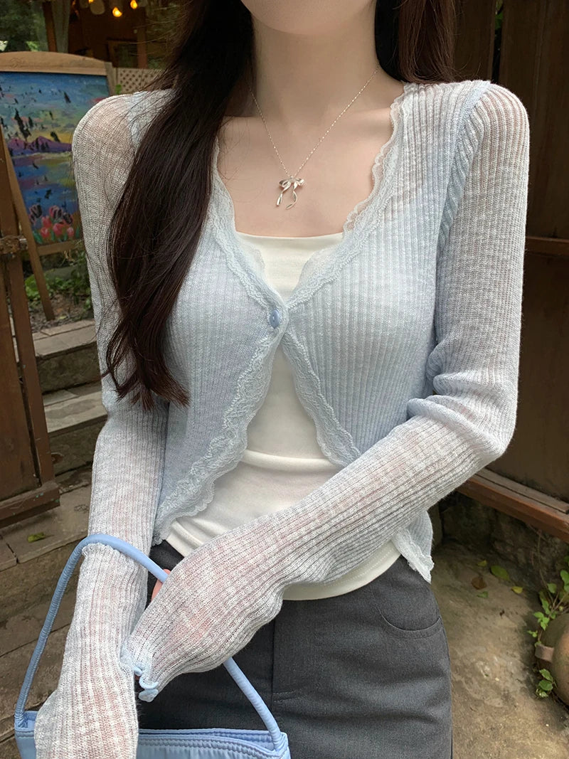 Lace Trim One Button Long Sleeve Crop Top Women Short Sleeve Open Front Ribbed Knit Cardigan Sweater Summer Fairycore Outfit BabyBlue One Size